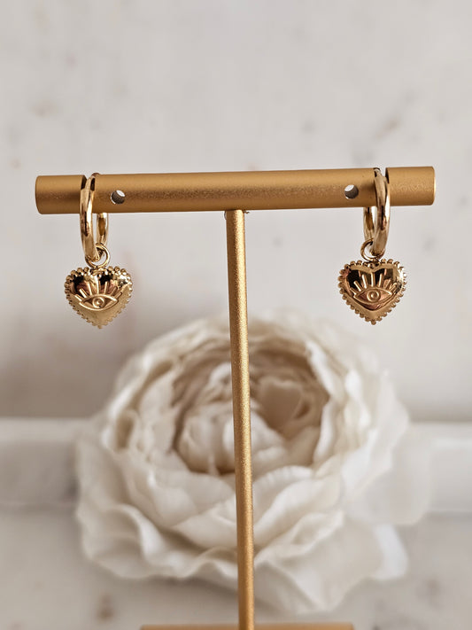 Stainless steel gold plated heart and evil eye Hoop earrings 