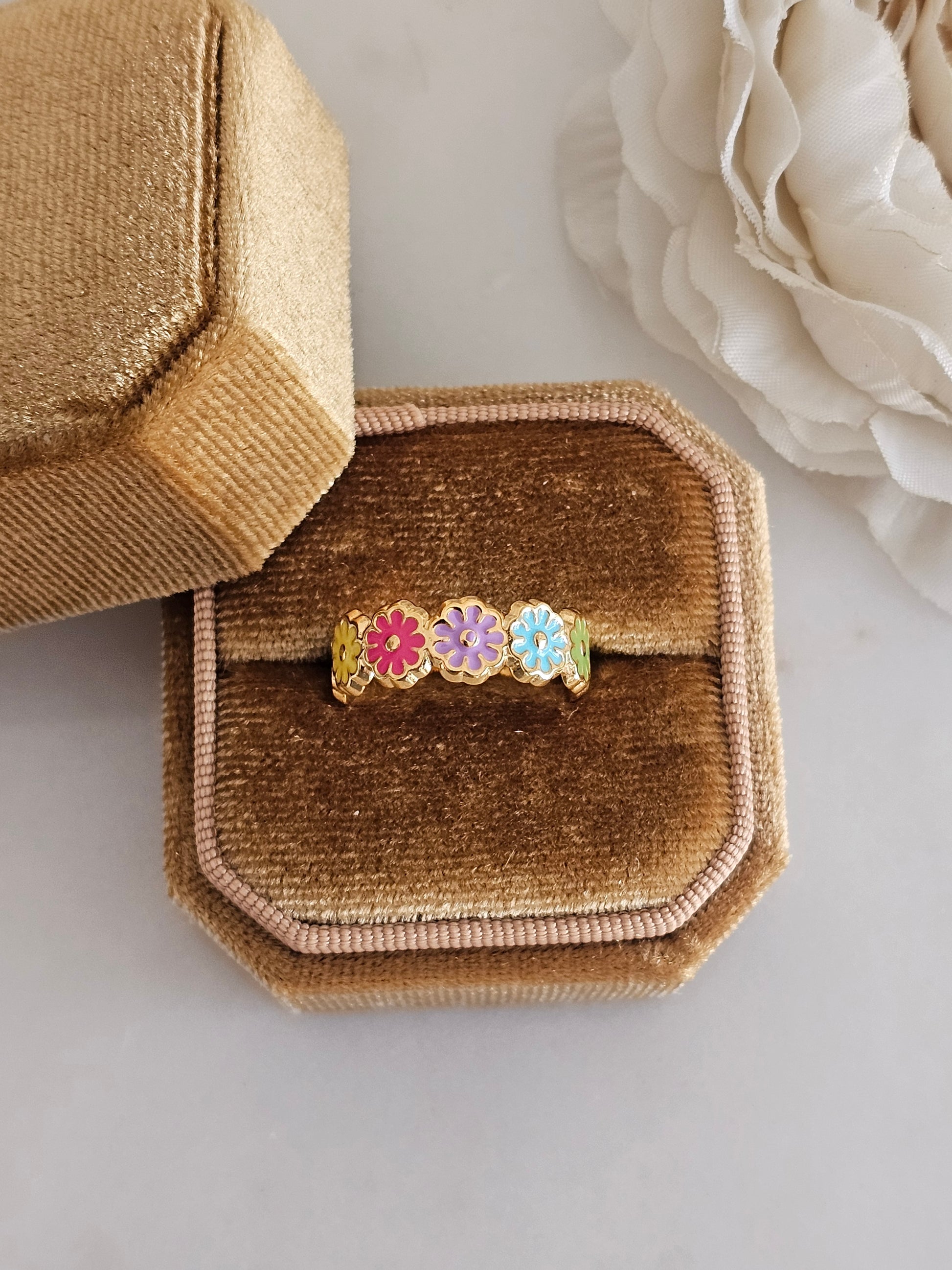 Gold plated stainless steel colourful flower ring