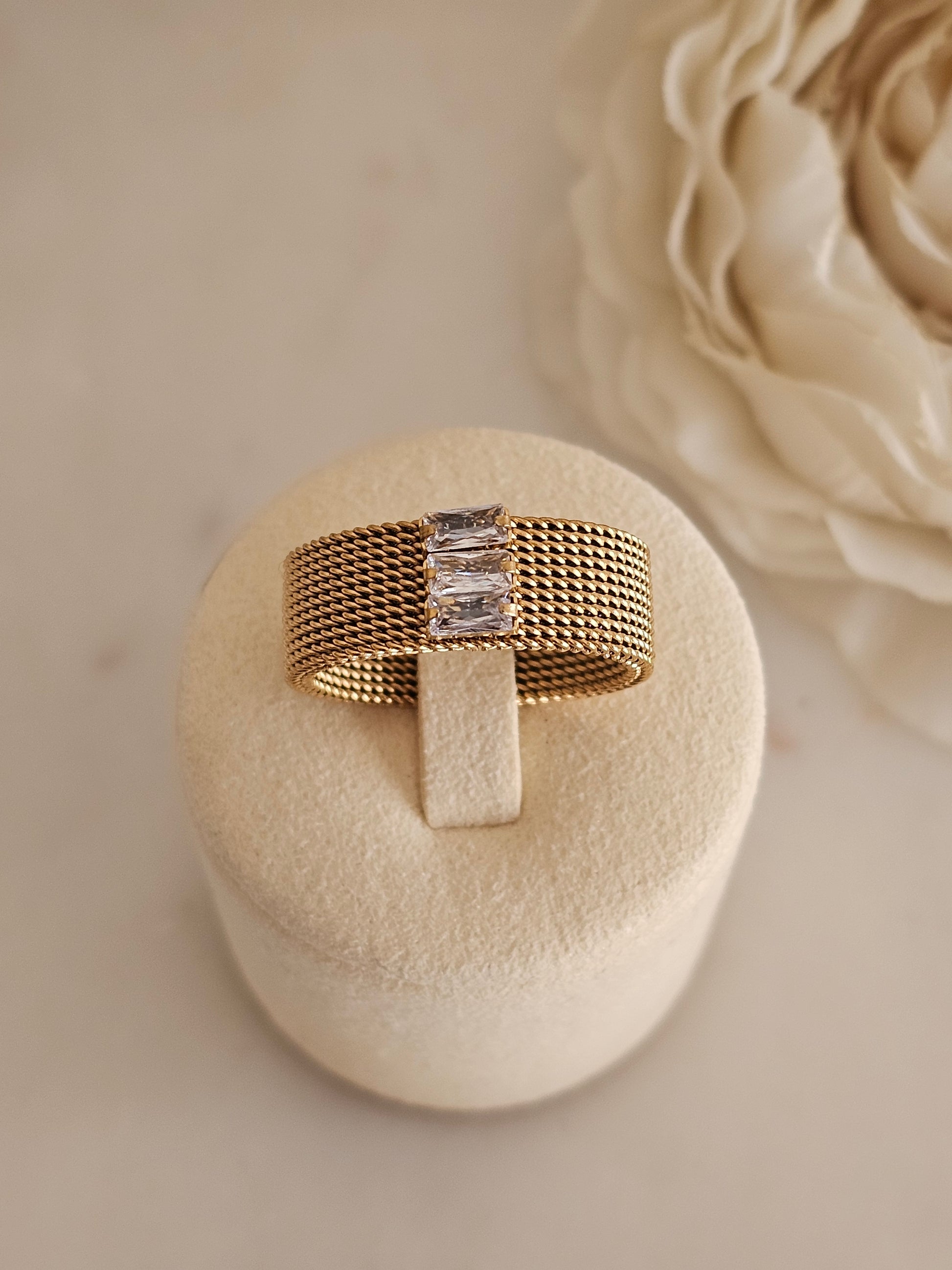 Gold plated stainless steel Cubic zirconia mesh ring