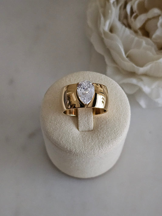 Gold plated stainless steel wide Cubic Zirconia ring