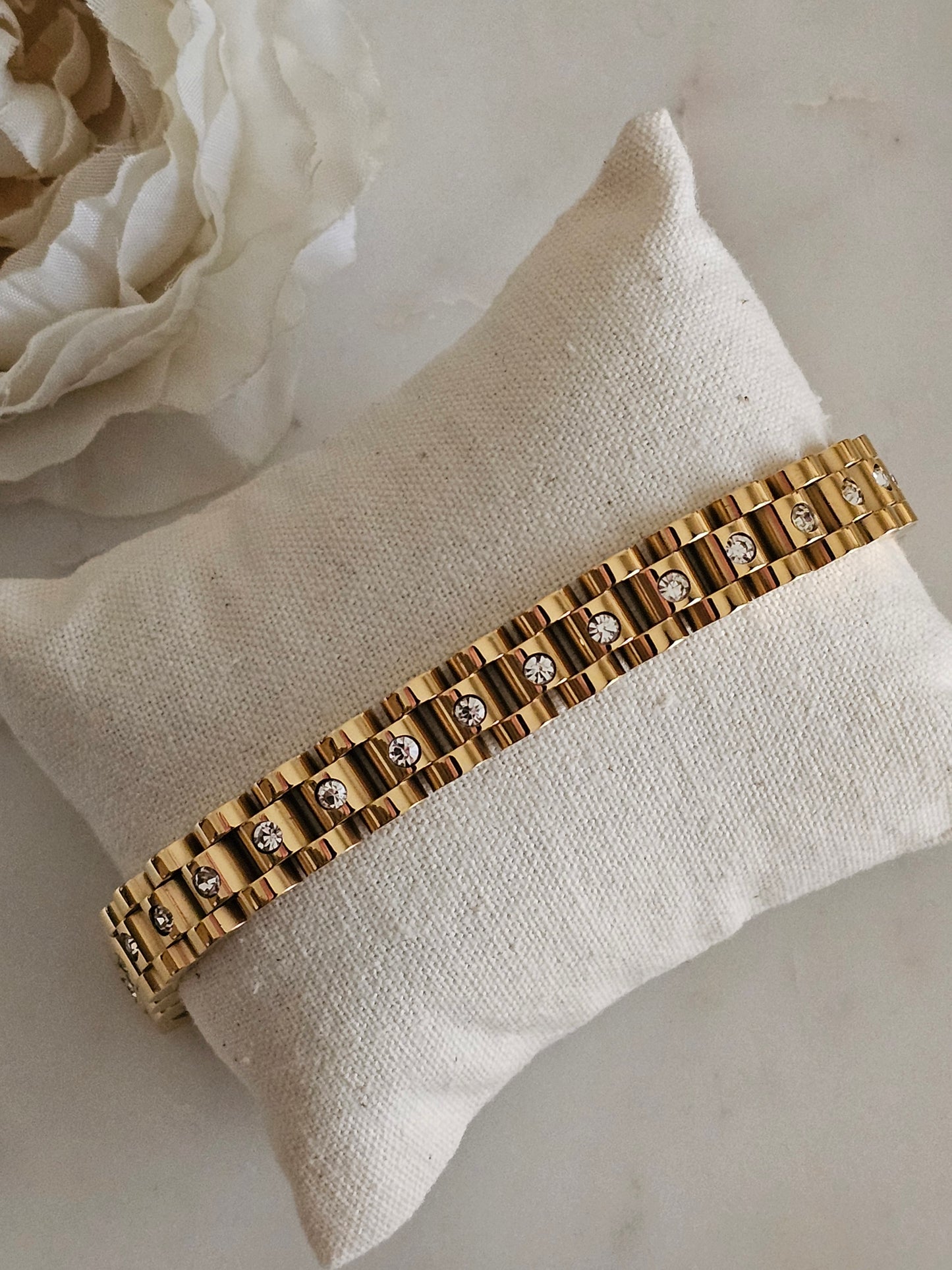 Gold plated stainless steel watch band Cubic zirconia bracelet