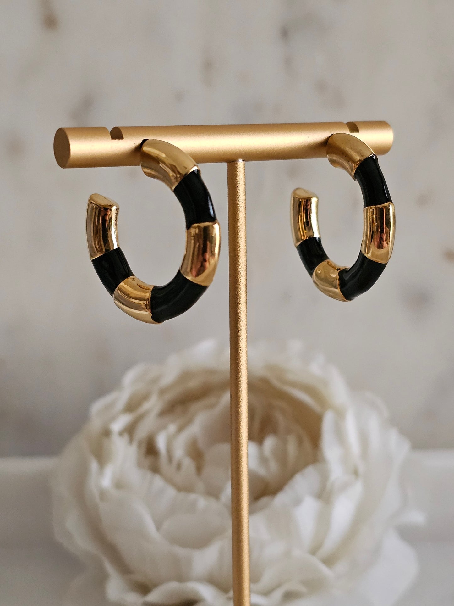 Gold plated stainless steel black Hoop earrings