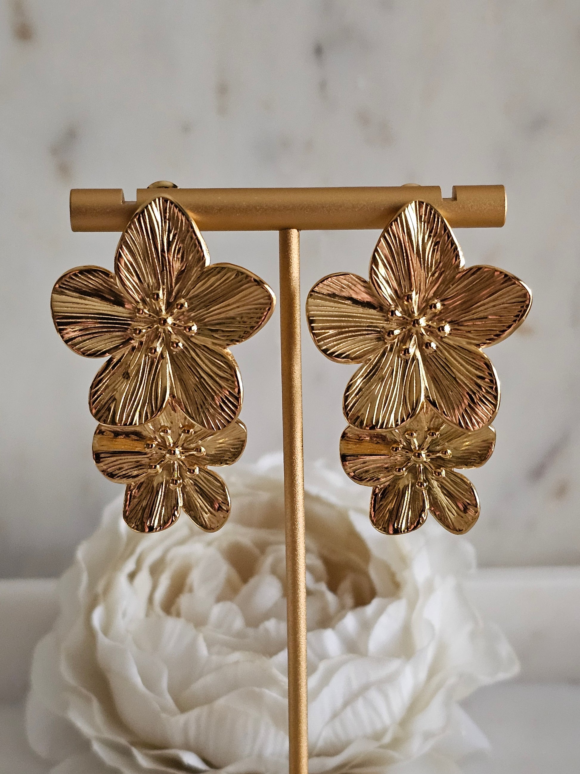 Gold plated stainless steel large flower earrings