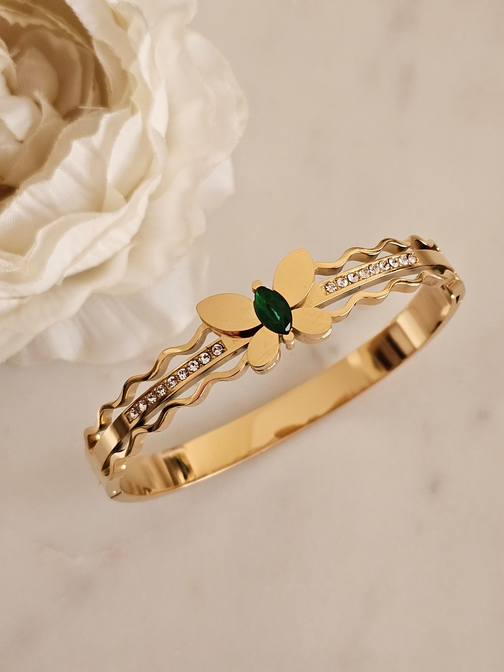 Gold plated stainless steel Emerald Cubic zirconia butterfly bangle 