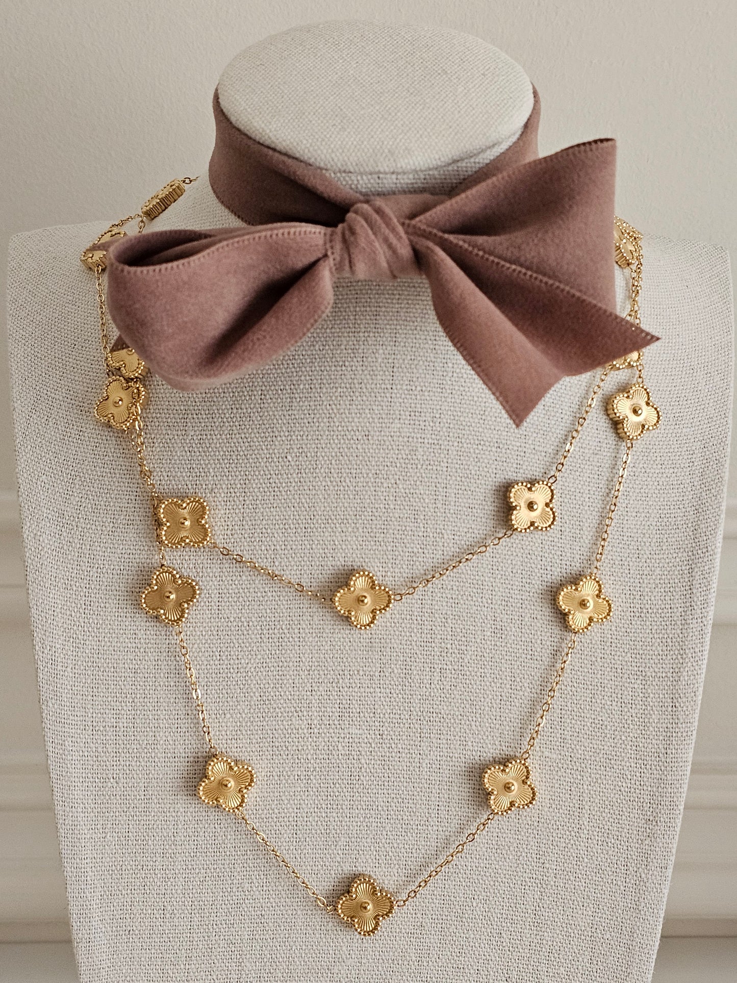 Gold plated stainless steel long clover necklace 