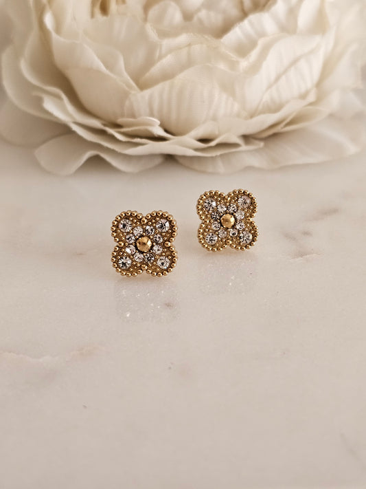 Gold plated stainless steel Cubic zirconia clover earrings 