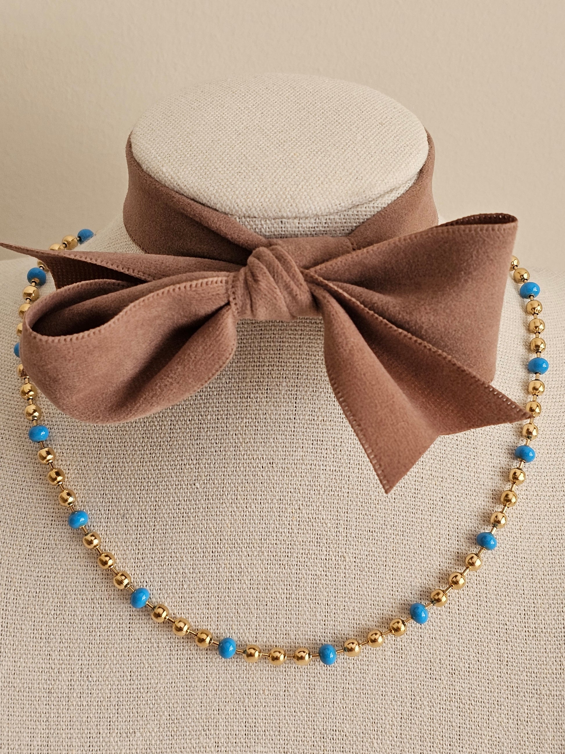 Gold plated stainless steel blue bead necklace 