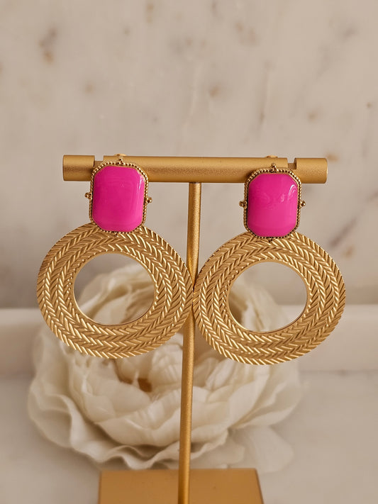 Gold plated stainless steel hot pink statement earrings