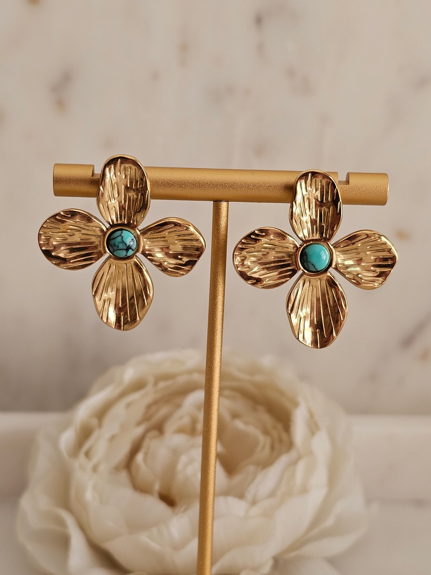 Gold plated stainless steel turquoise stone flower earrings 