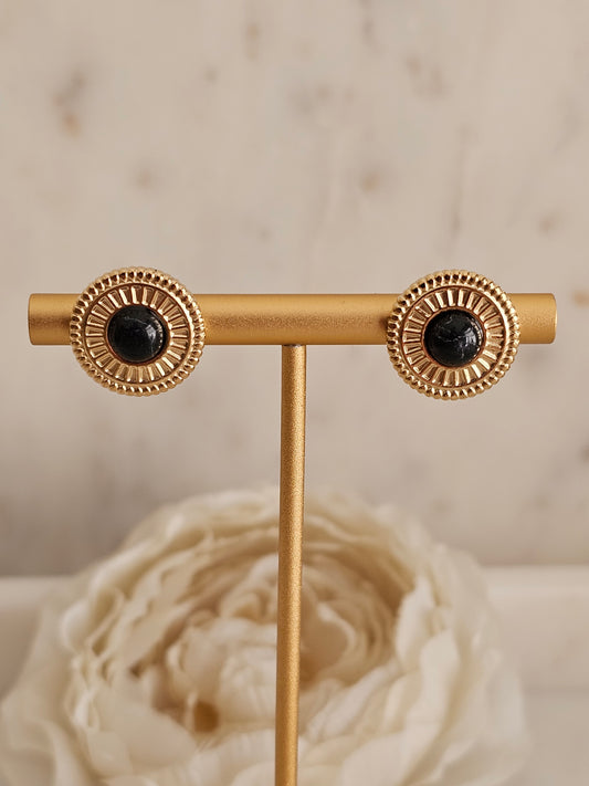 Stainless steel gold plated black button earrings 