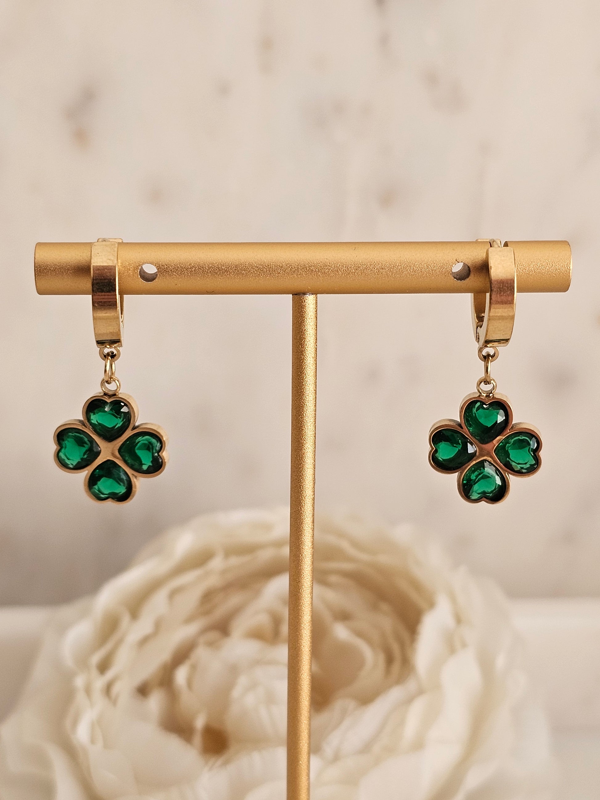 Gold plated stainless steel Cubic zirconia clover Emerald clover earrings