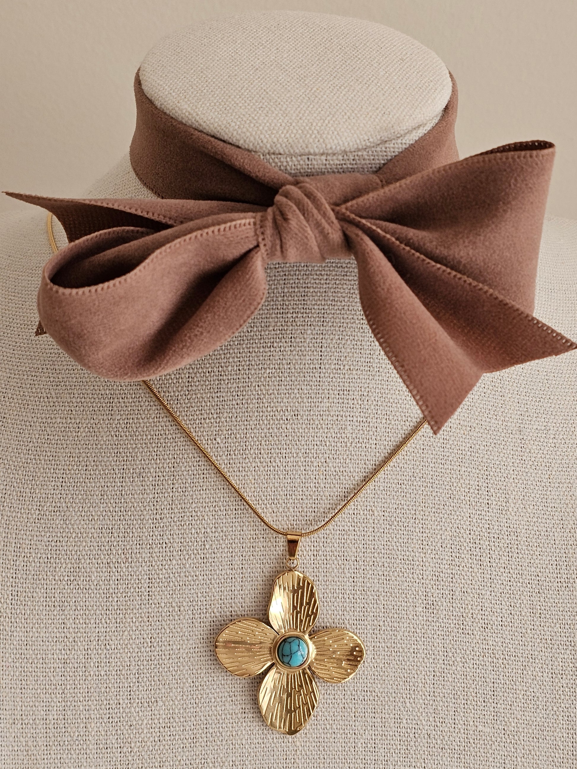 Gold plated stainless steel turquoise flower necklace