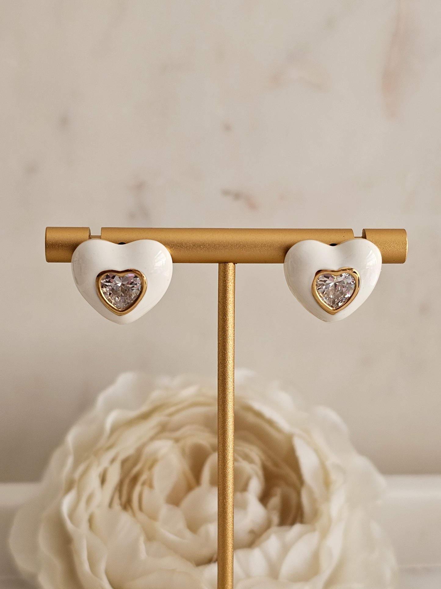 Gold plated stainless steel enemal Cubic zirconia heart earrings 