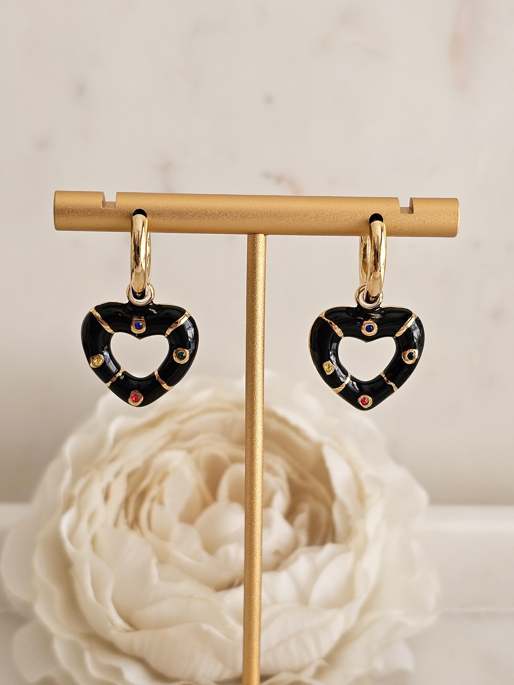 Gold plated stainless steel enamel heart Hoop earrings 