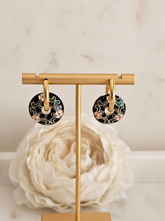 Gold plated stainless steel Hoop enamel flower earrings