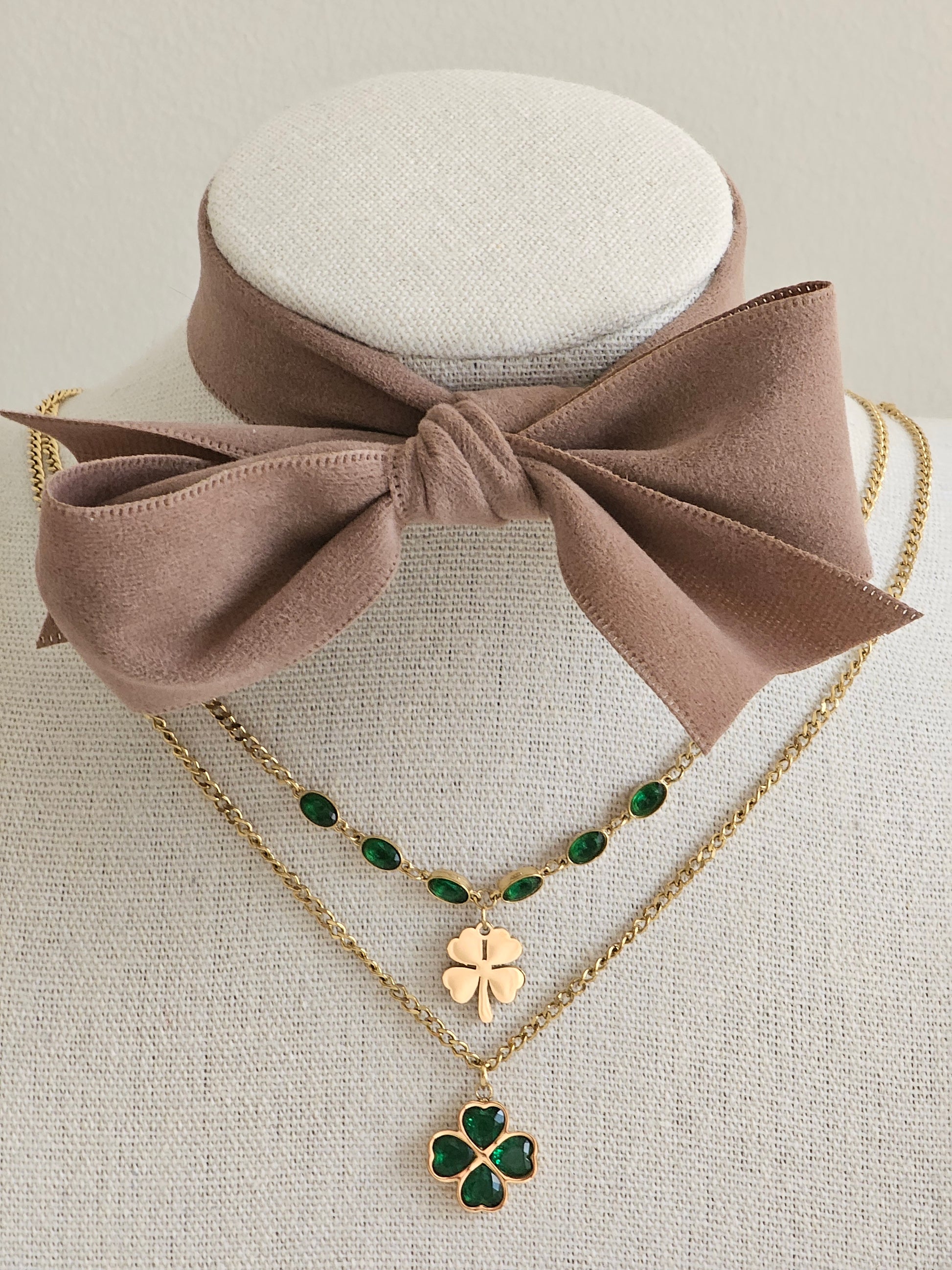 Gold plated Emerald double clover necklace