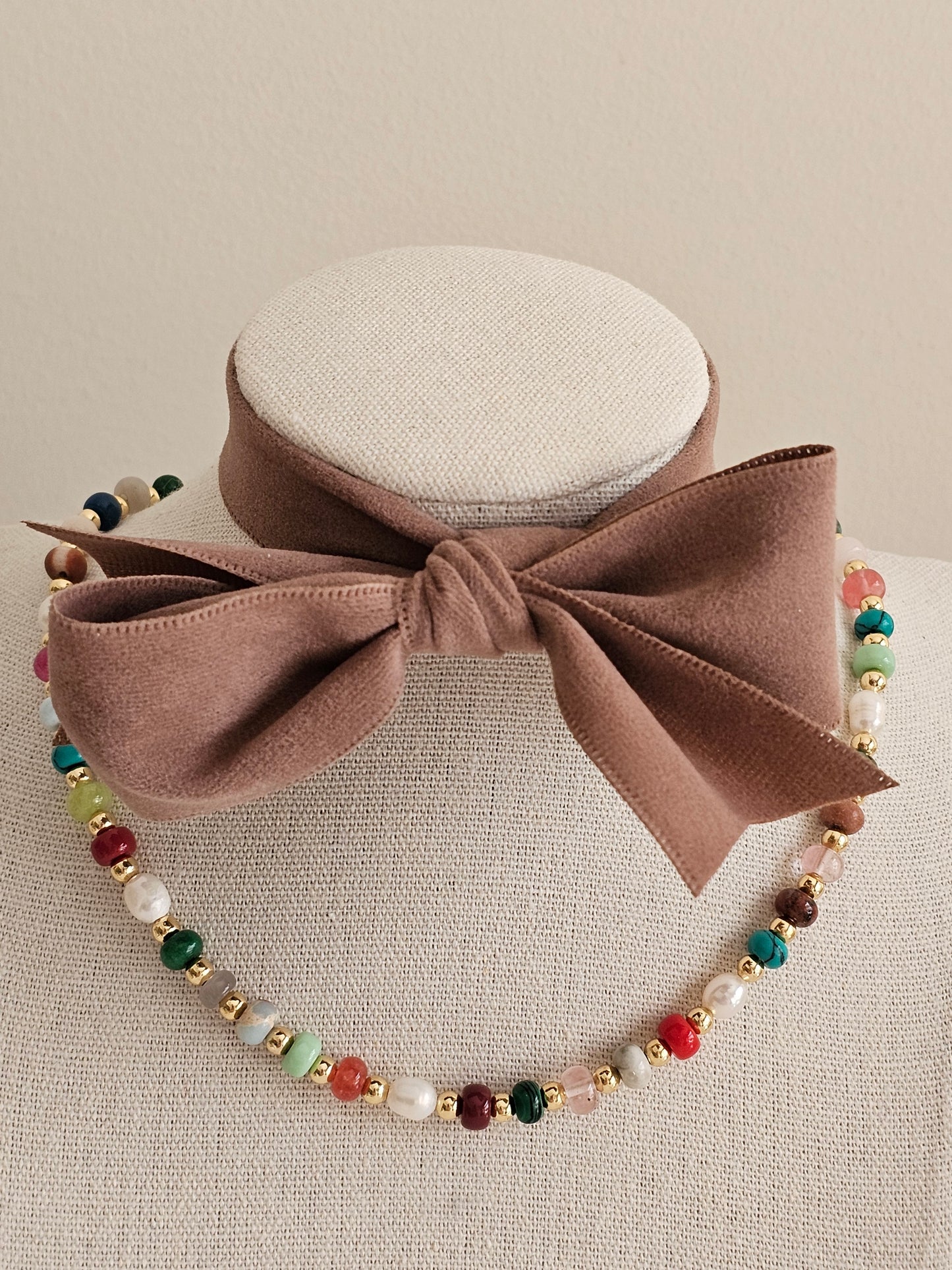 Gold plated natural stone and pearl necklace