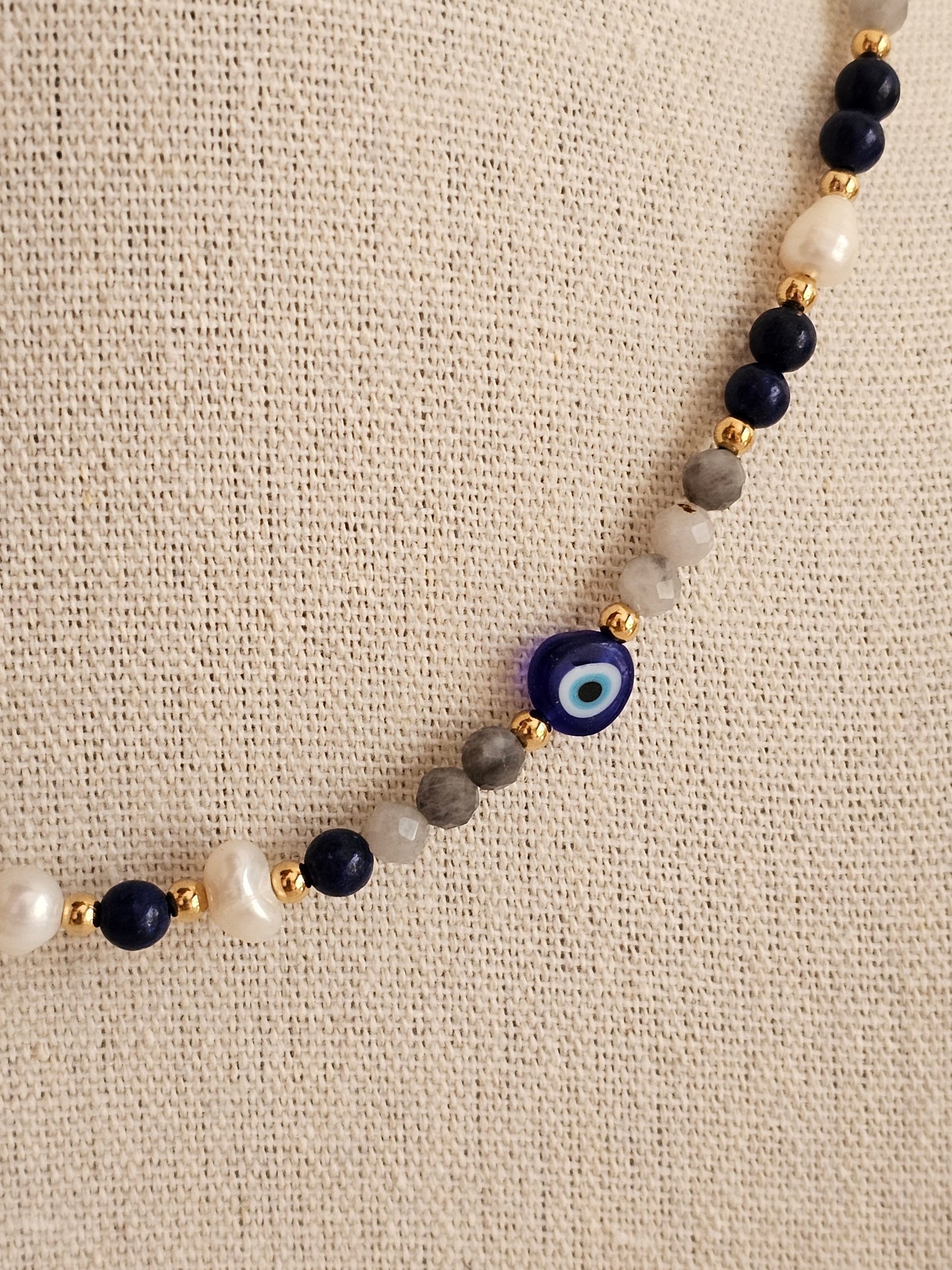 FREYA EVIL EYE NATURAL PEARL & CRYSTAL NECKLACE