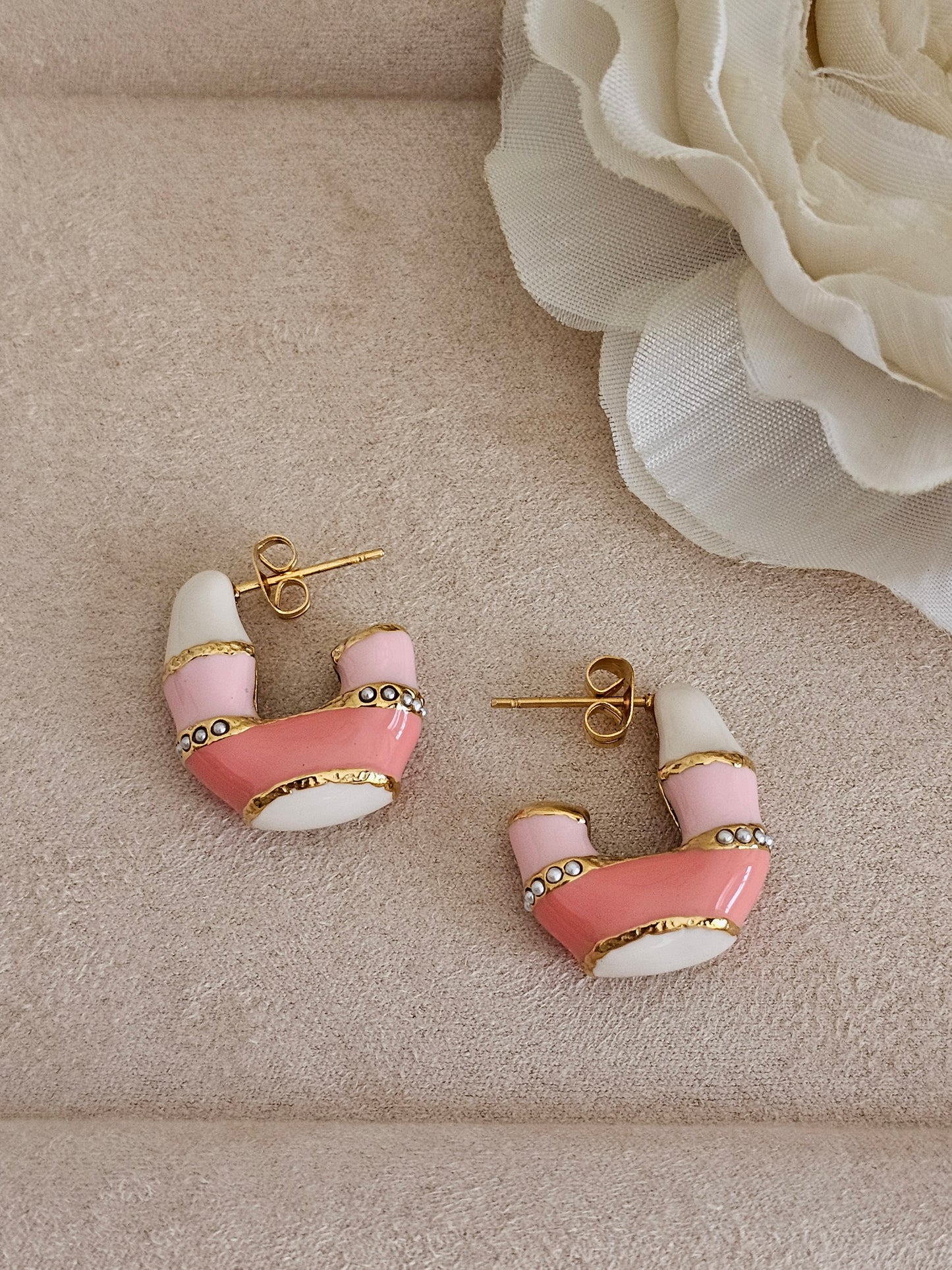 enamel pink stainless steel hoop earrings 