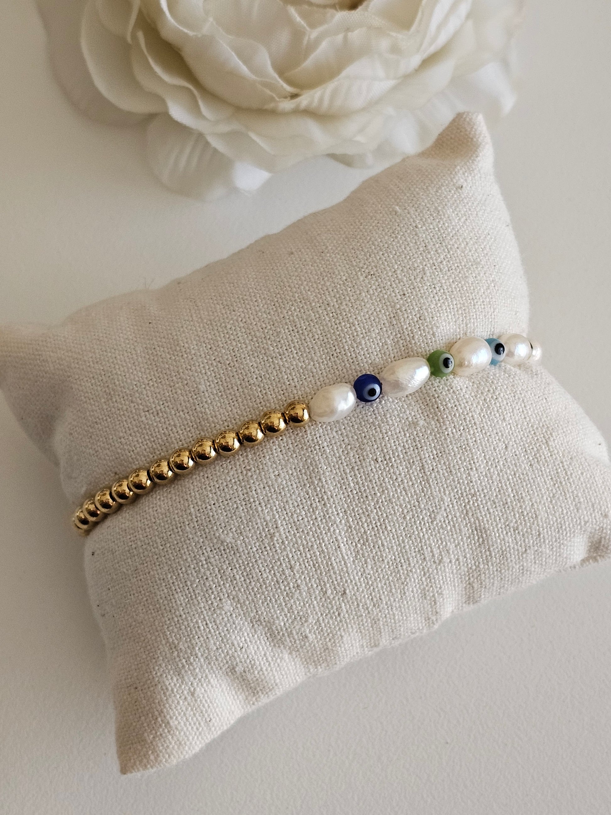 PEARL AND GOLD EVIL EYE BRACELET