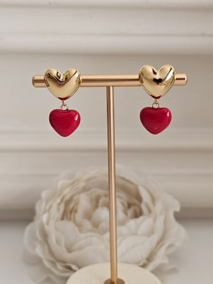 Gold and red heart earrings