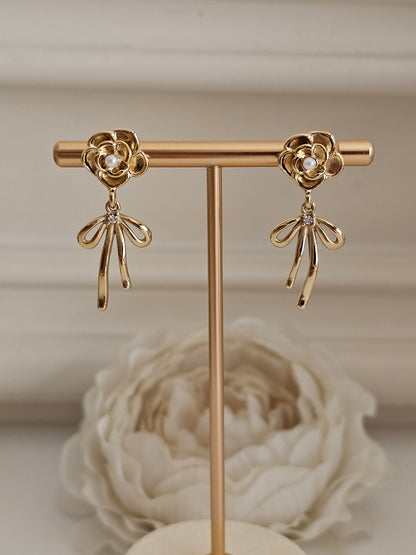 Gold pearl bow flower earrings