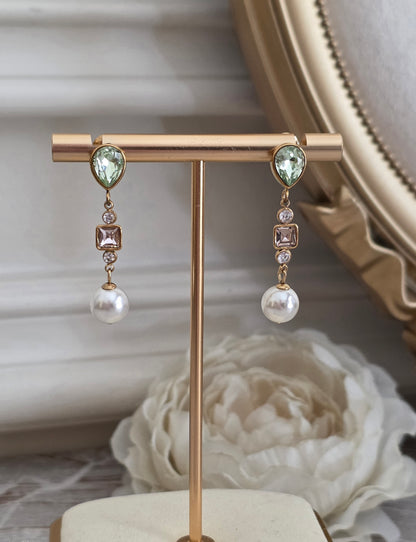 Farah Pearl Earrings with green teardrop stones, crystal accents and simulated pearl drops in a gold-tone finish.