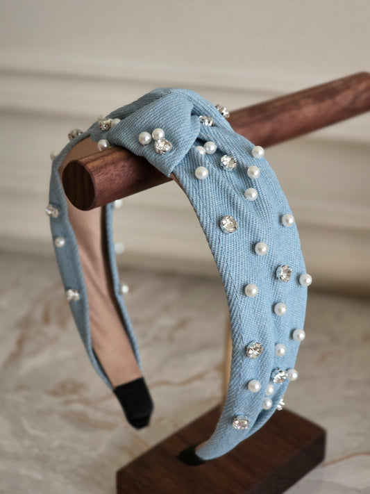 Denim diamante and pearl knot headband