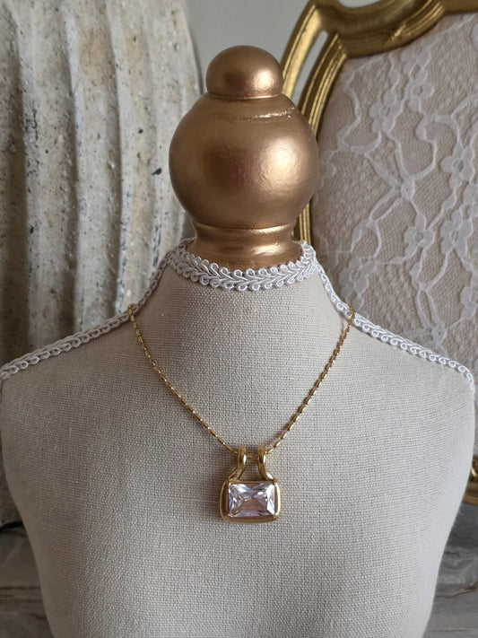 Gold cubic zirconia rectangle pendant necklace 