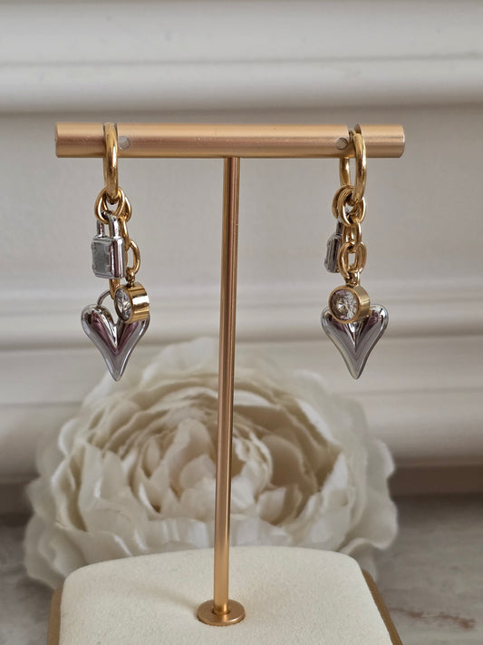 Gold and silver heart charm earrings
