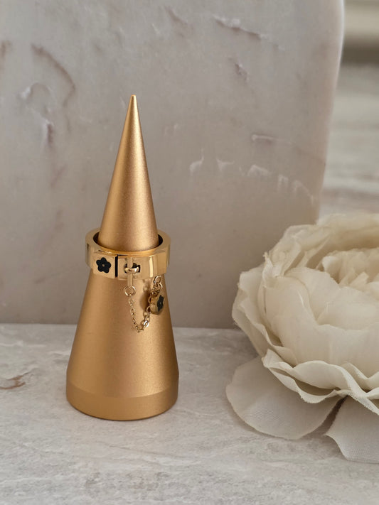 Gold clover ring with charm