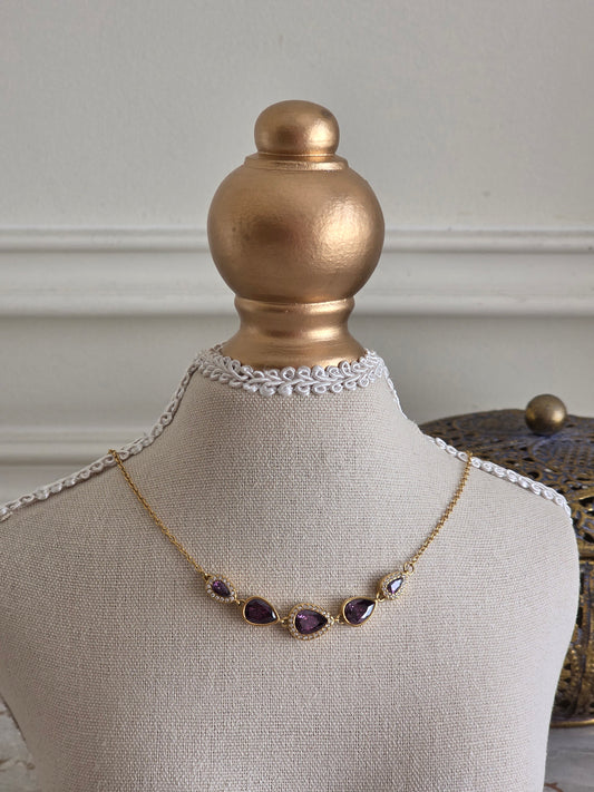 Gold plum teardrop necklace with Cubic Zirconia