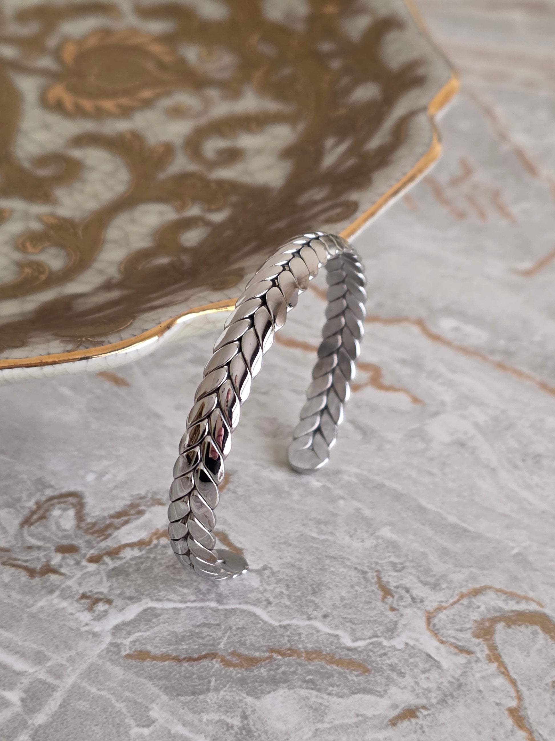 silver herringbone inspired cuff bangle