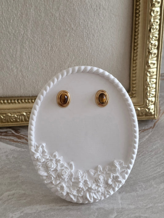 Gold small oval tiger eye earrings