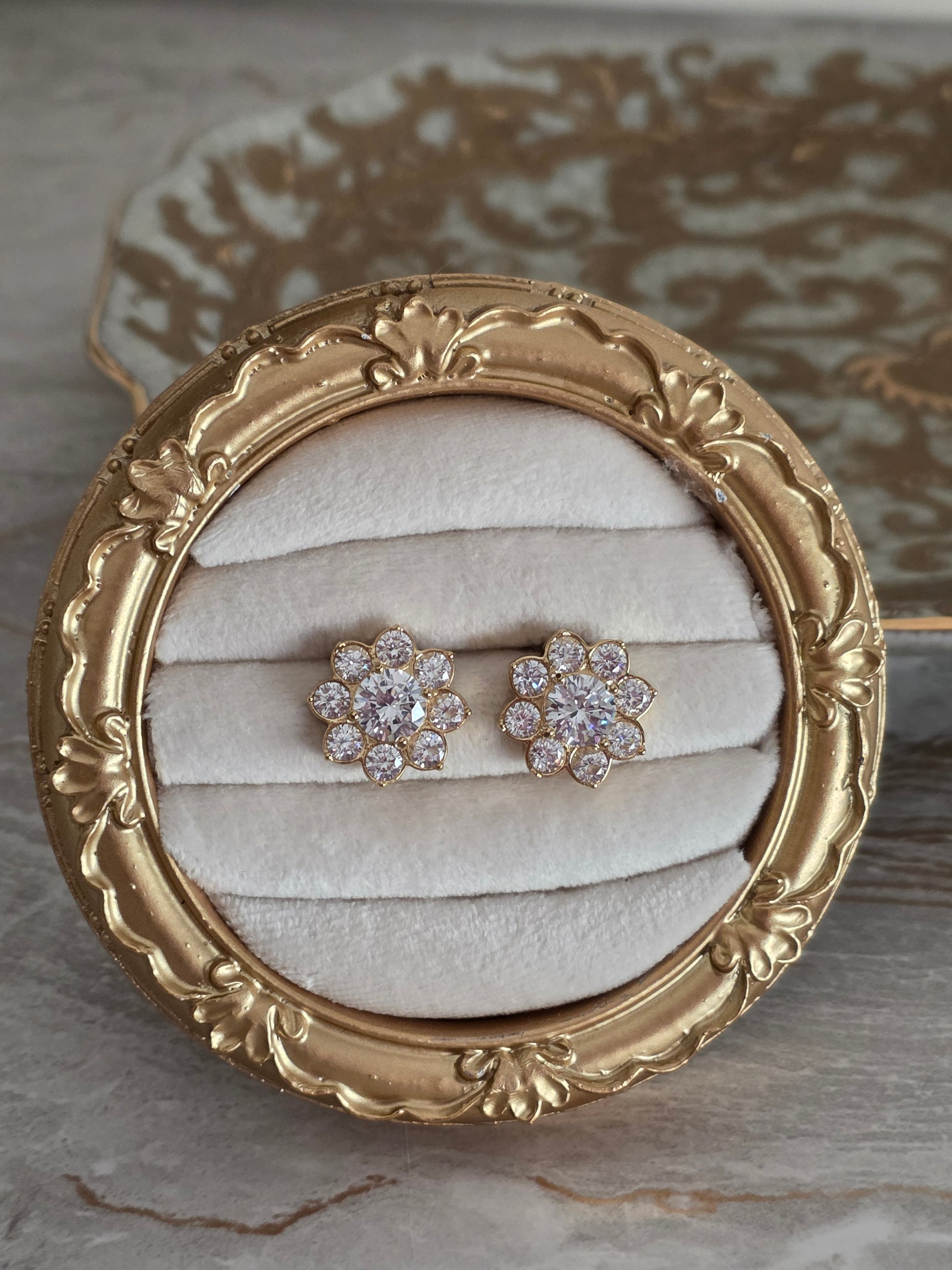 Gold cubic zirconia statement flower earrings