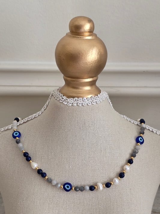 Evil eye pearl and crystal necklace