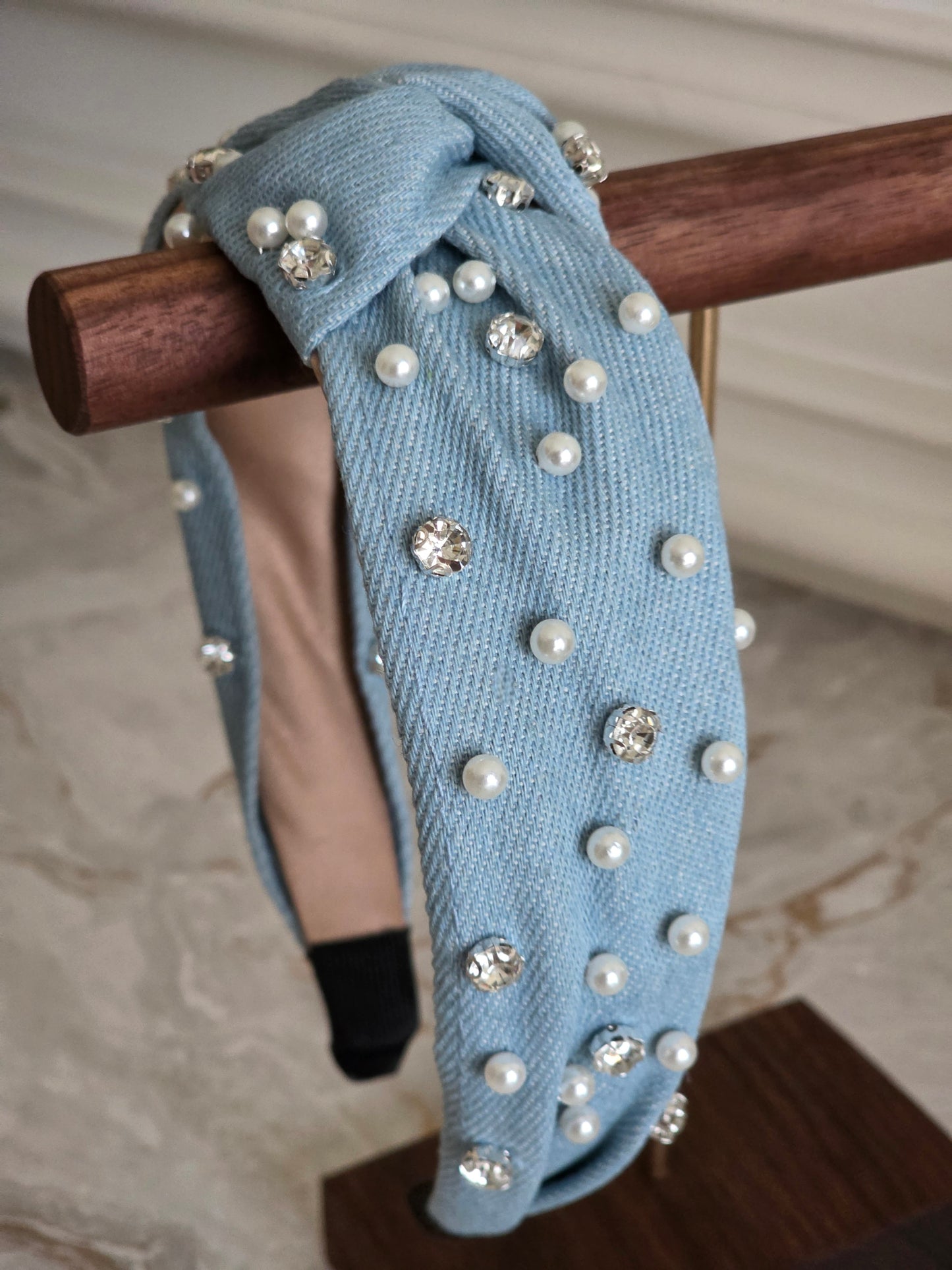 DENIM DIAMANTE & PEARL HEADBAND