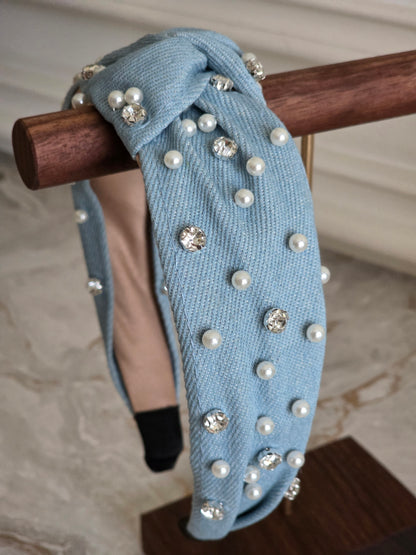 DENIM DIAMANTE & PEARL HEADBAND