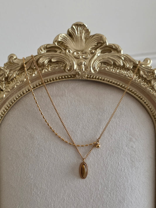 Gold double chain tiger eye pendant necklace