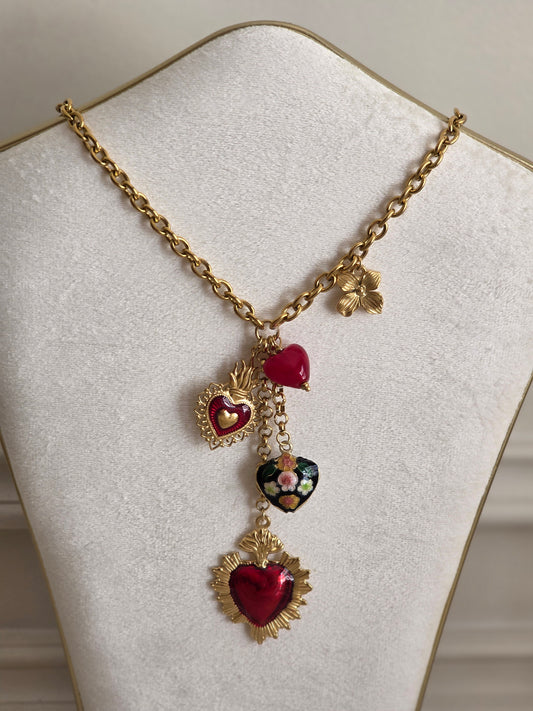 Statement Gold red heart necklace