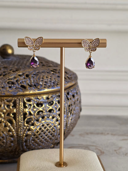 Gold vintage butterfly earrings with purple crystal