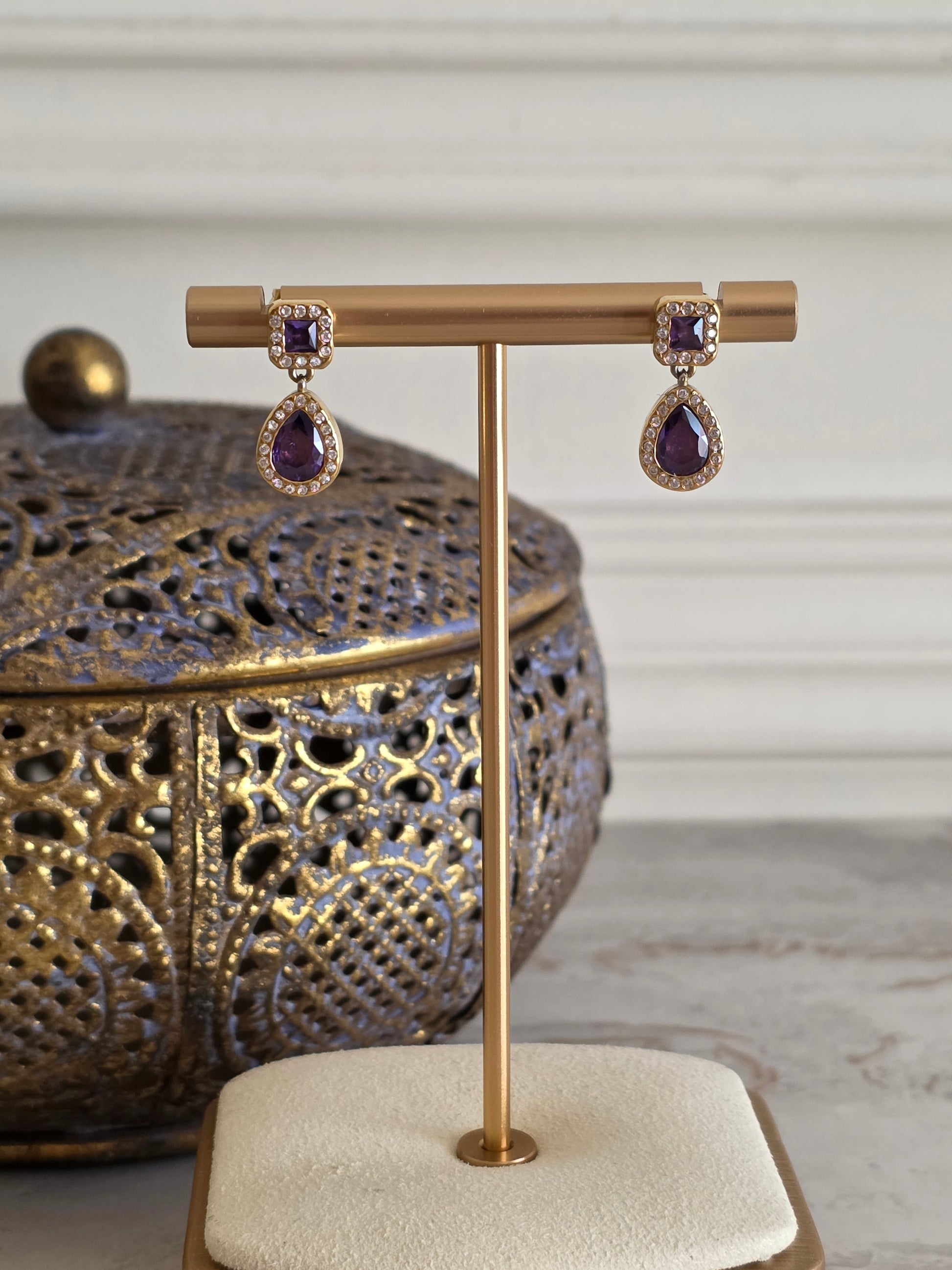 Gold vintage purple cubic zirconia earrings