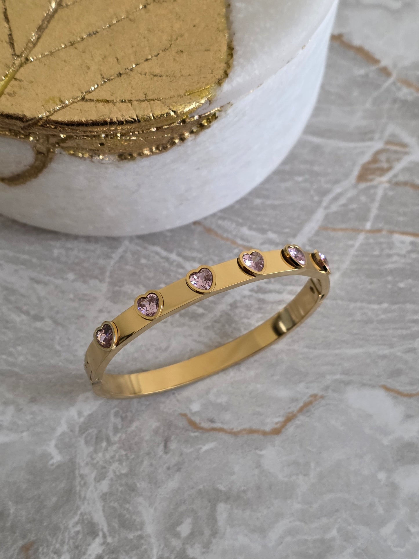 Gold and pink cubic zircon heart bangle