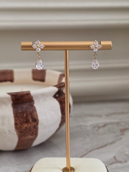 Gold tear drop cubic zirconia clover earrings