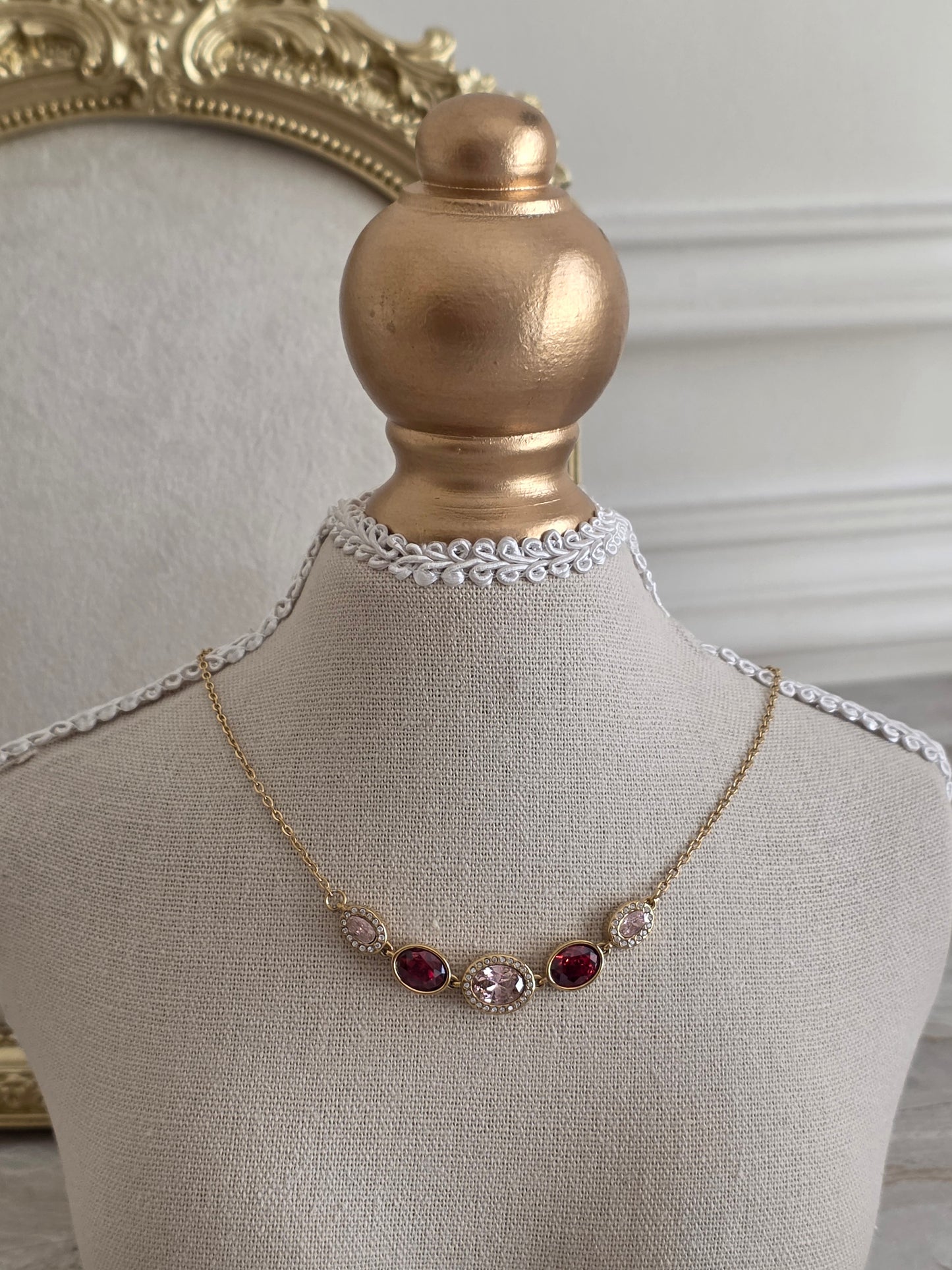 Gold red and pink cubic zirconia necklace