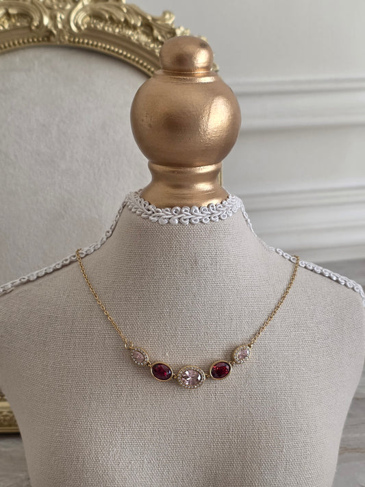 Gold red and pink cubic zirconia necklace