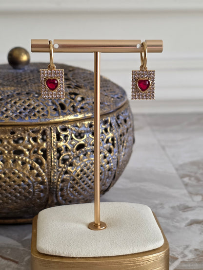 Gold cubic zirconia red heart earrings