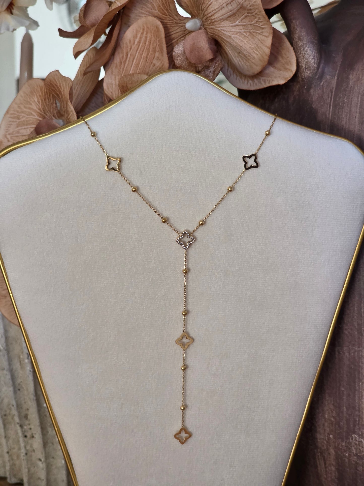 Gold long clover necklace with Cubic Zirconia 