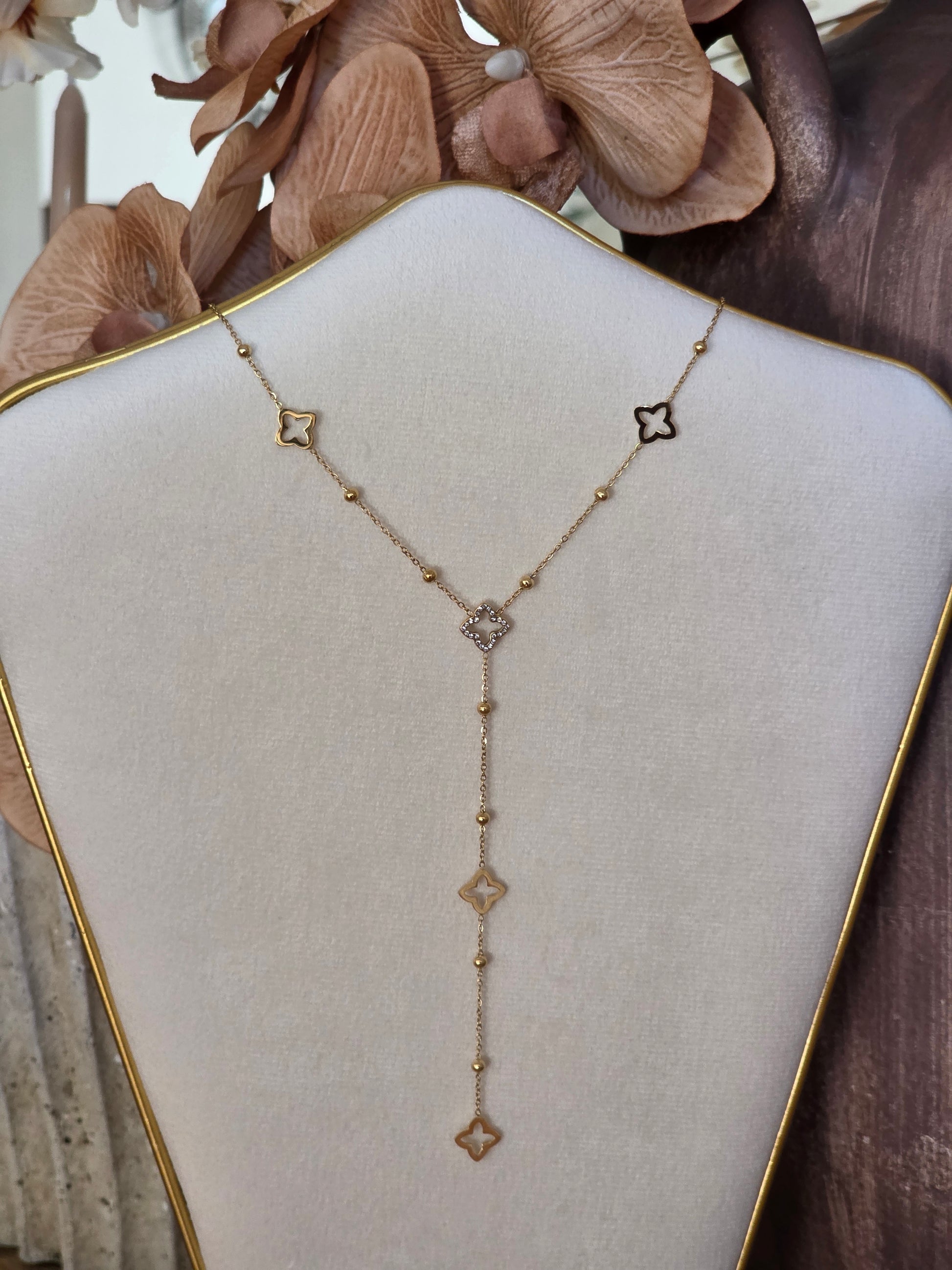 Gold long clover necklace with Cubic Zirconia 