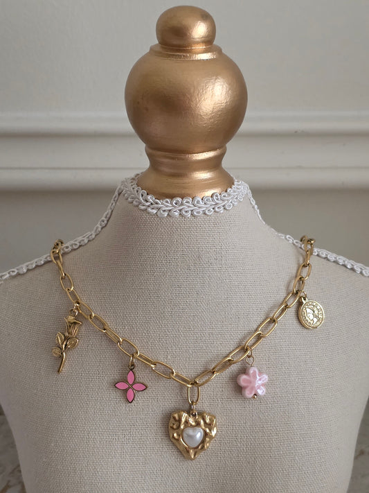 Gold and Pink charm necklace